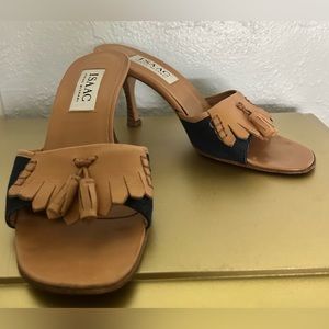 Issac Mizrahi slip on heel tan tassel leather and dark blue denim 3” heel size 8
